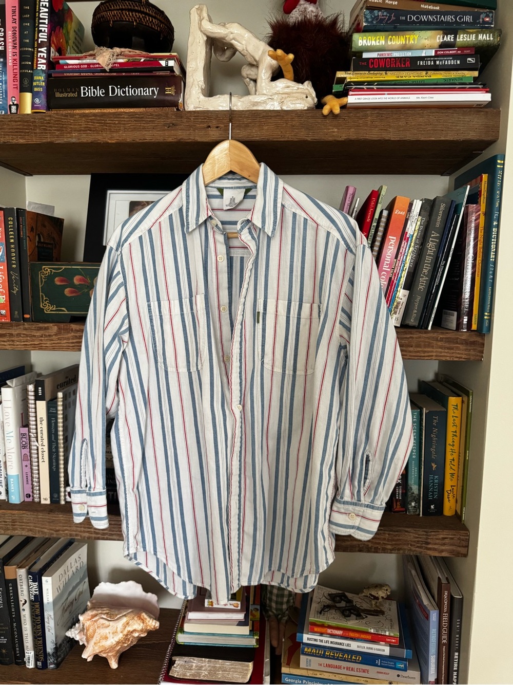 Esprit Striped Button-Down Shirt — White with Blue & Red Stripes
